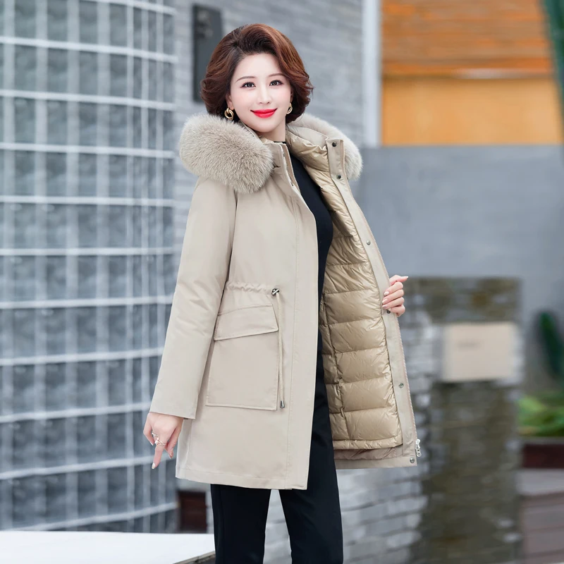 Shengyu Boya Middle-Aged and Elderly Mother's Clothing Mid-Length Live Face Removable Parka down Jacket Women's Jacket Thickeneded New Style