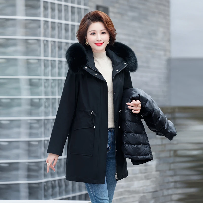 Shengyu Boya Middle-Aged and Elderly Mother's Clothing Mid-Length Live Face Removable Parka down Jacket Women's Jacket Thickeneded New Style - Image 3
