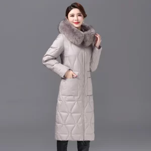 Shengyu Boya Over-The-Knee Long down Jacket for Middle-Aged and Elderly Women, Thickened with Raccoon Fur Collar, New Winter Coat